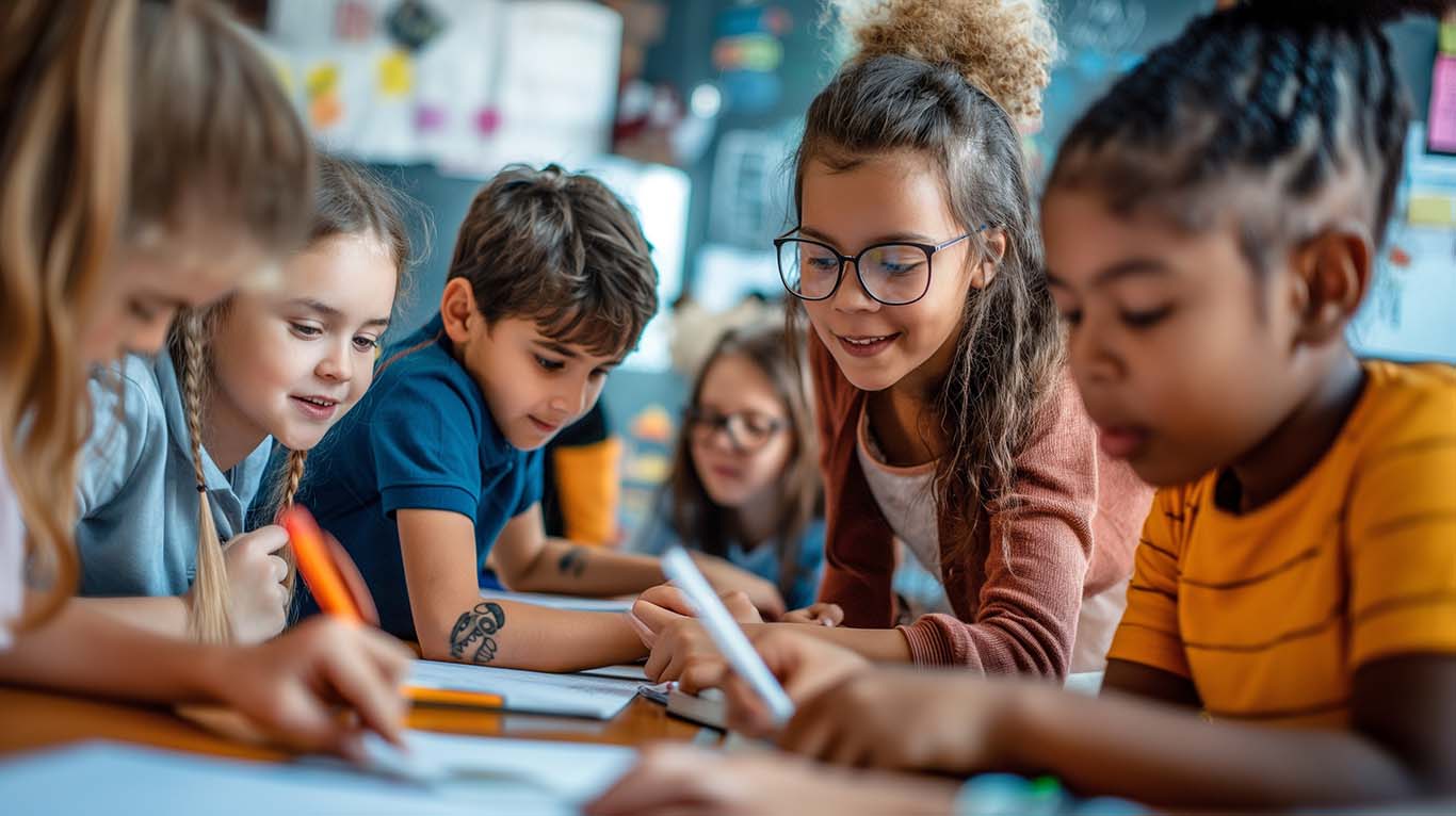Children learning together around a table in a bright classroom