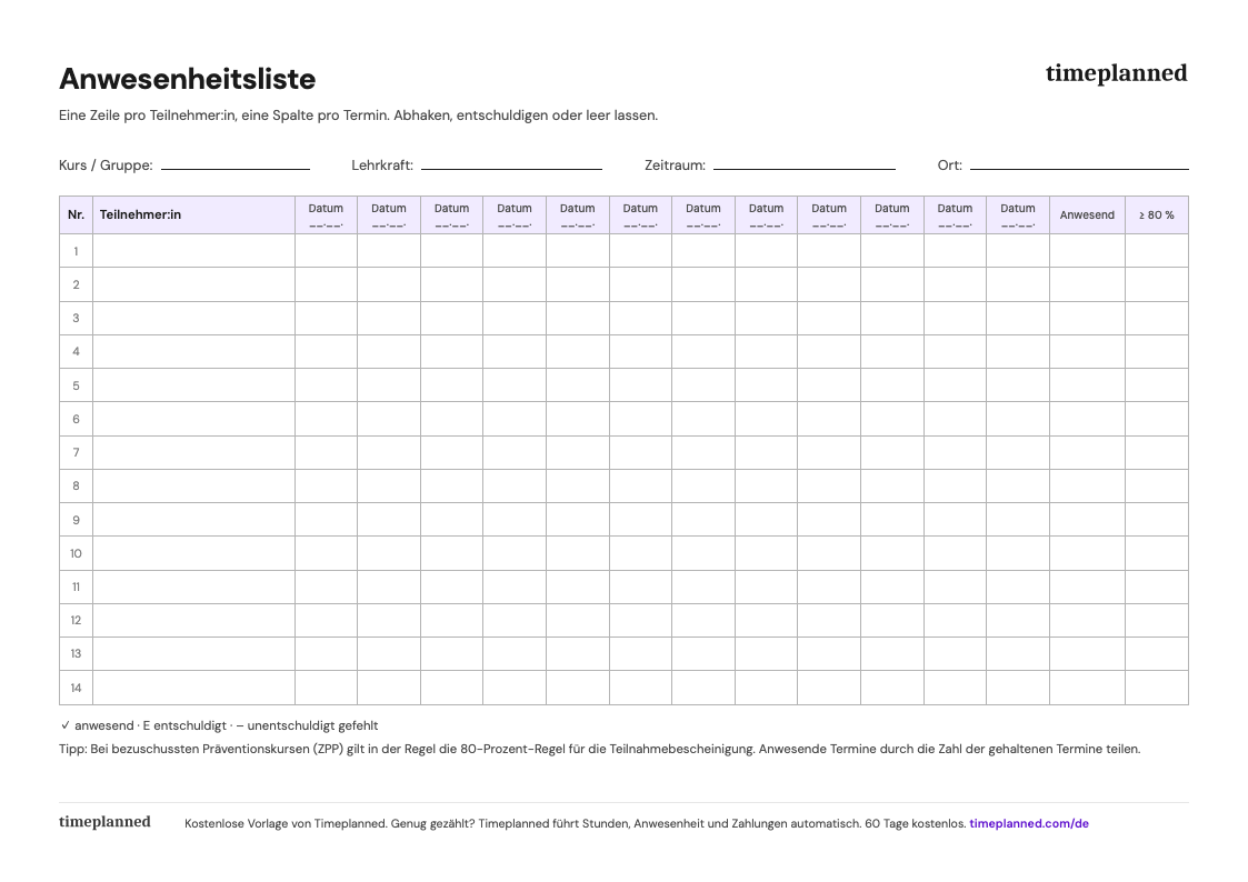 Vorschau der Anwesenheitsliste mit Teilnehmerraster